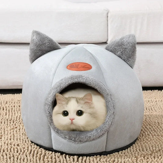 Cozy Winter Cat Cave Bed and Tent Nest - side view