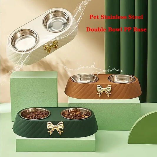 Bow Tie Style Pet Food Bowl Stand with Steel Bowls - side view