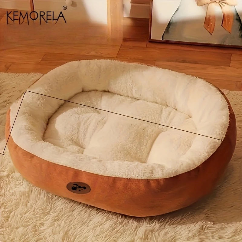 Plush Oval Pet Bed for Dogs and Cats (Machine Washable) - Brown / L