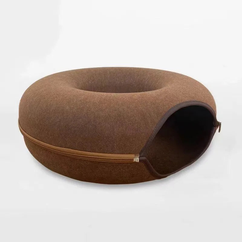 Donut Cat Bed with Built-in Felt Tunnel for Indoor Play - coffee / 60X27cm