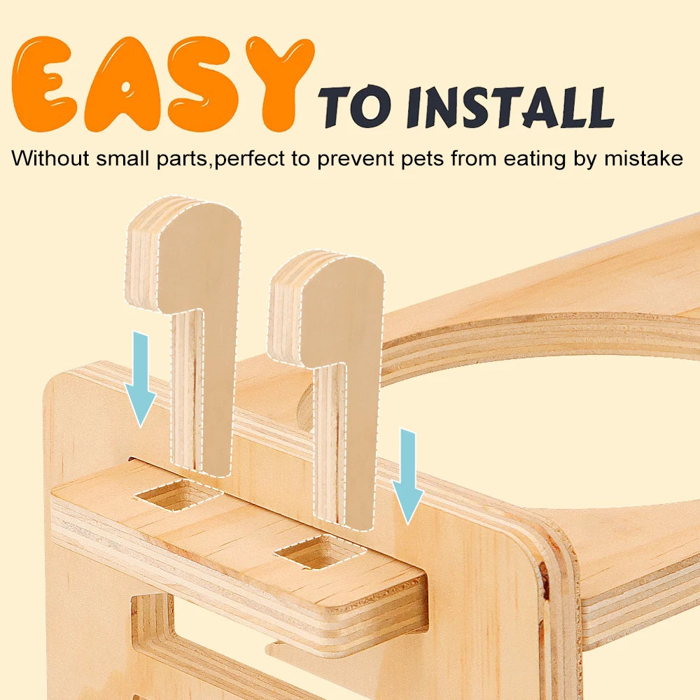 Adjustable Wooden Raised Pet Bowl Stand with Steel Bowls - from above