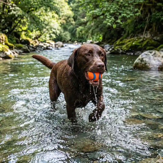 Chocolate Labrador retriever playing with a ball in a stream surrounded by greenery