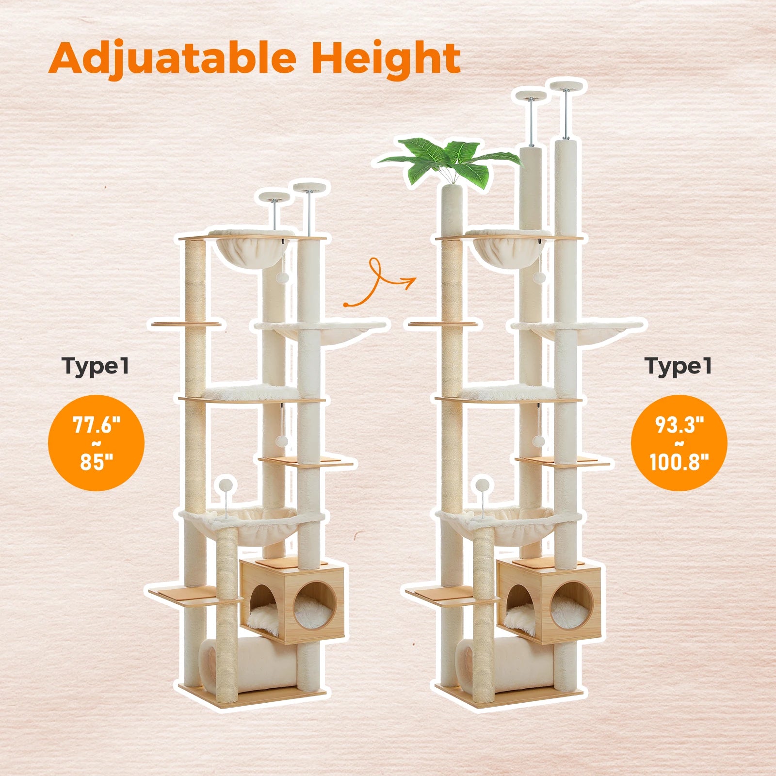 Height Adjustable Floor-to-Ceiling Cat Tree with Hammock - detail
