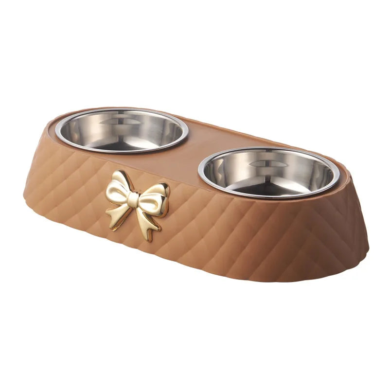 Bow Tie Style Pet Food Bowl Stand with Steel Bowls - brown