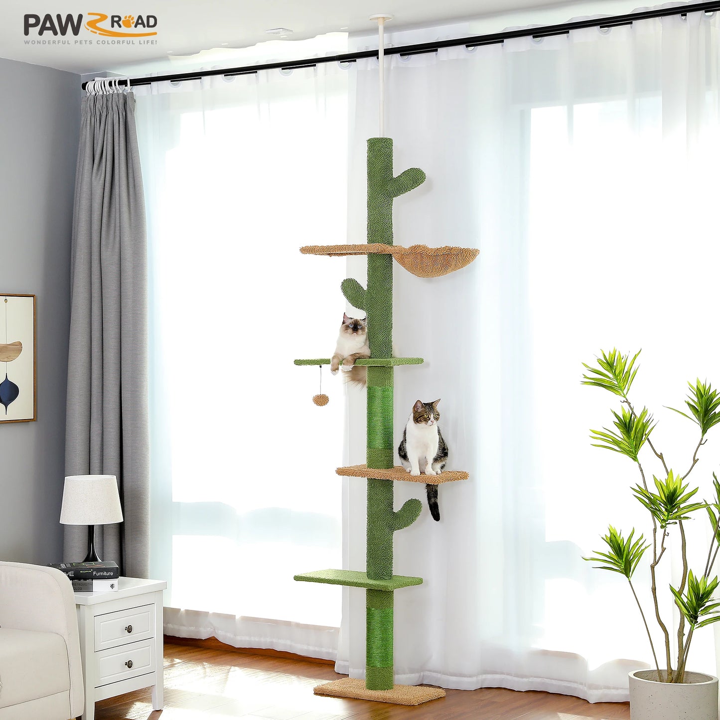 5-Tier Cactus Floor-to-Ceiling Cat Tree with Hammock - feature view