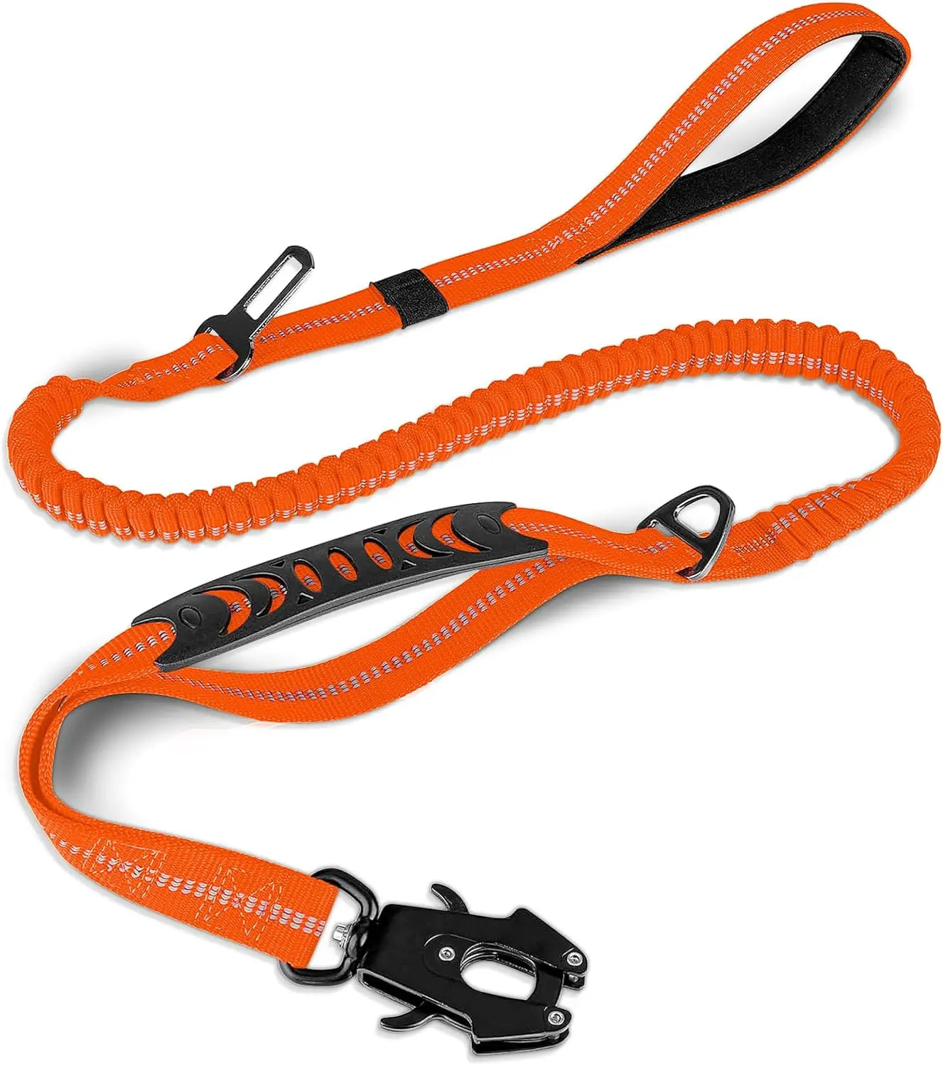 Shock-Absorbing Dog Leash with Car Seatbelt Attachment - Orange
