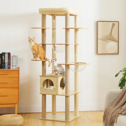 Multi-Level Wood Cat Tree with Hammock and Toys