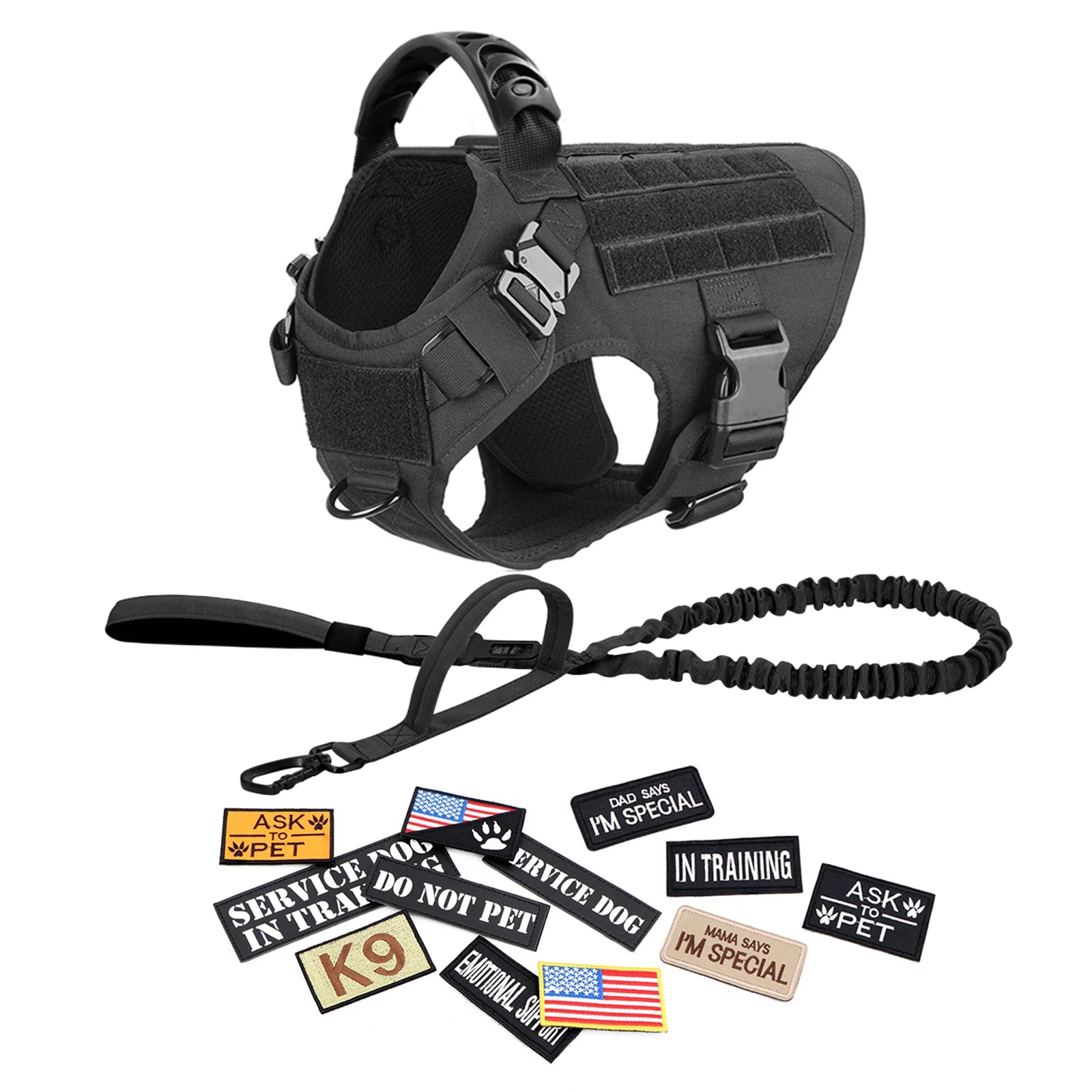 Tactical Military Dog Harness Set with Patches - S / Black 14 Pieces
