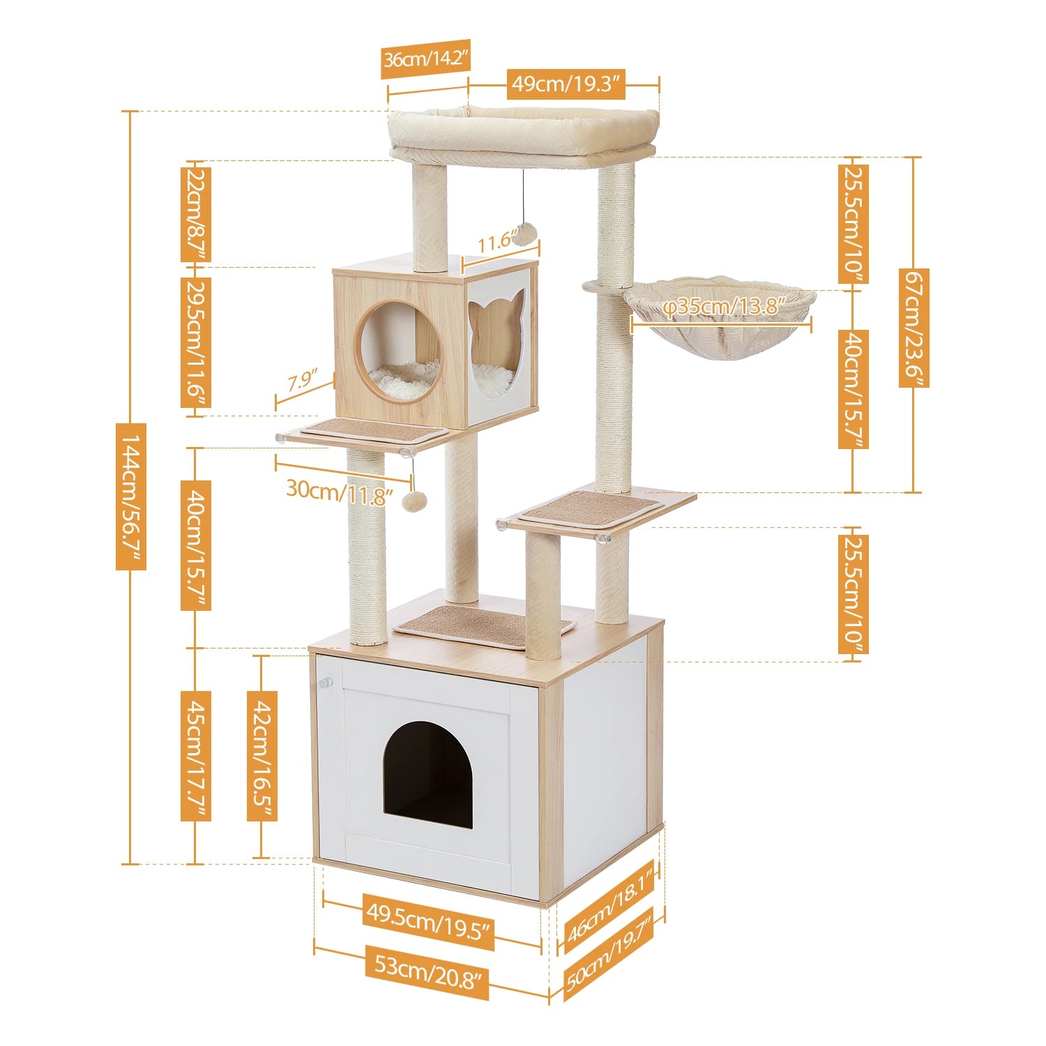 Multi-Level Wood Cat Tree with Hammock and Toys - XL / AMT0201BG