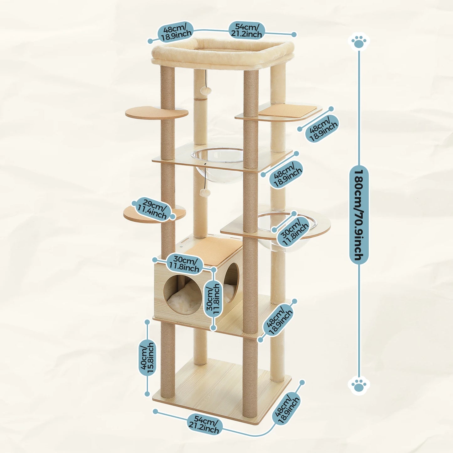 Multi-Level Wood Cat Tree with Hammock and Toys - from above