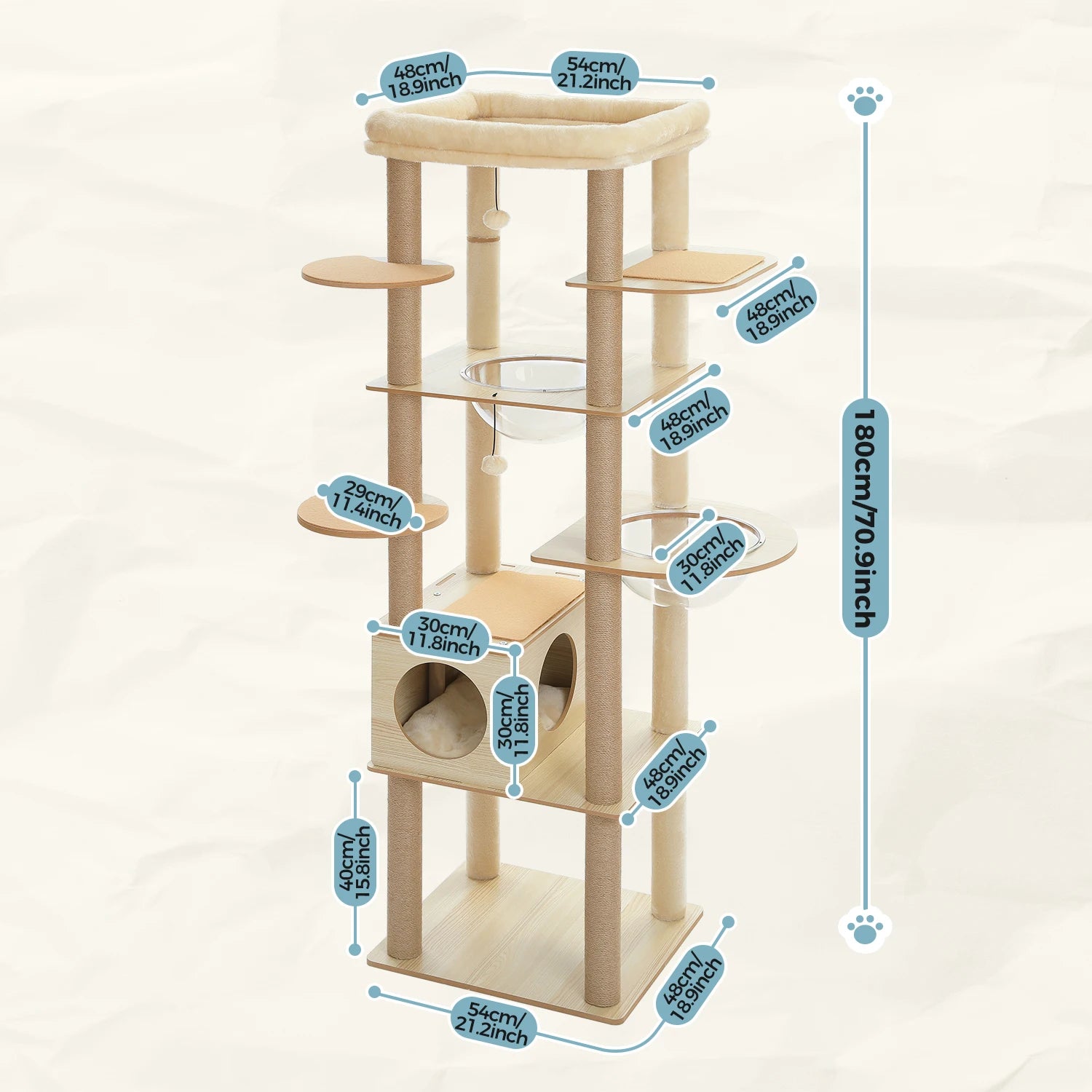 Multi-Level Wood Cat Tree with Hammock and Toys - from above