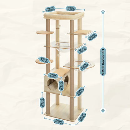 Multi-Level Wood Cat Tree with Hammock and Toys - from above
