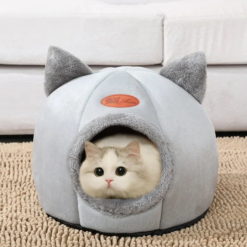 Cozy Winter Cat Cave Bed and Tent Nest - side view