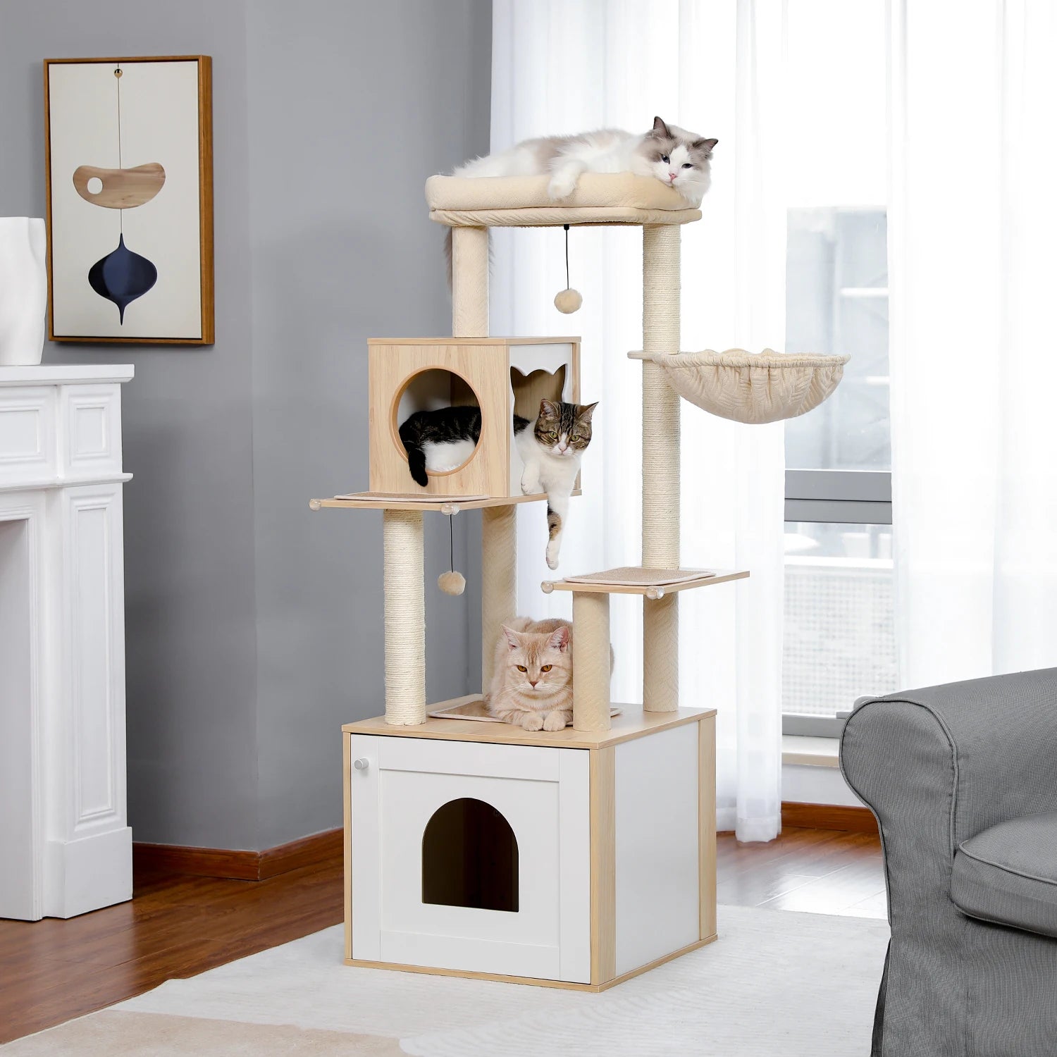 Multi-Level Wood Cat Tree with Hammock and Toys - view 26
