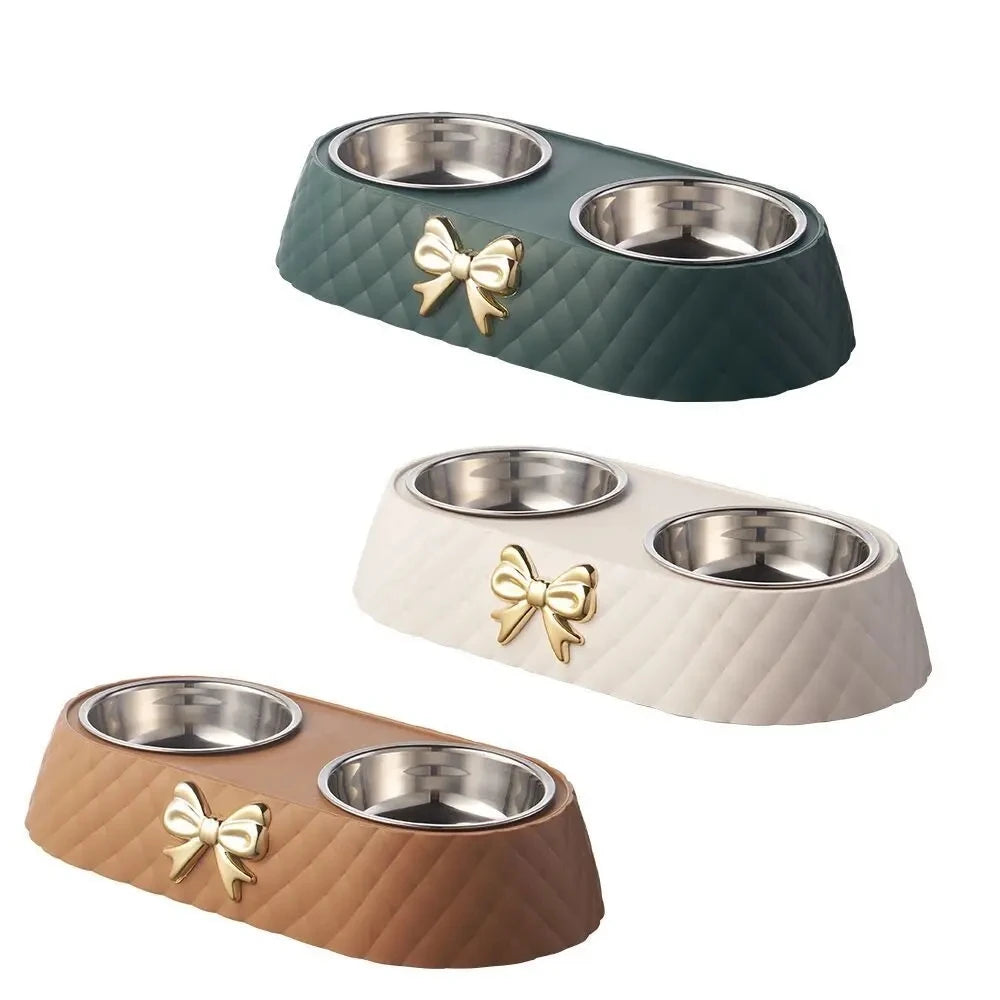 Bow Tie Style Pet Food Bowl Stand with Steel Bowls - detail