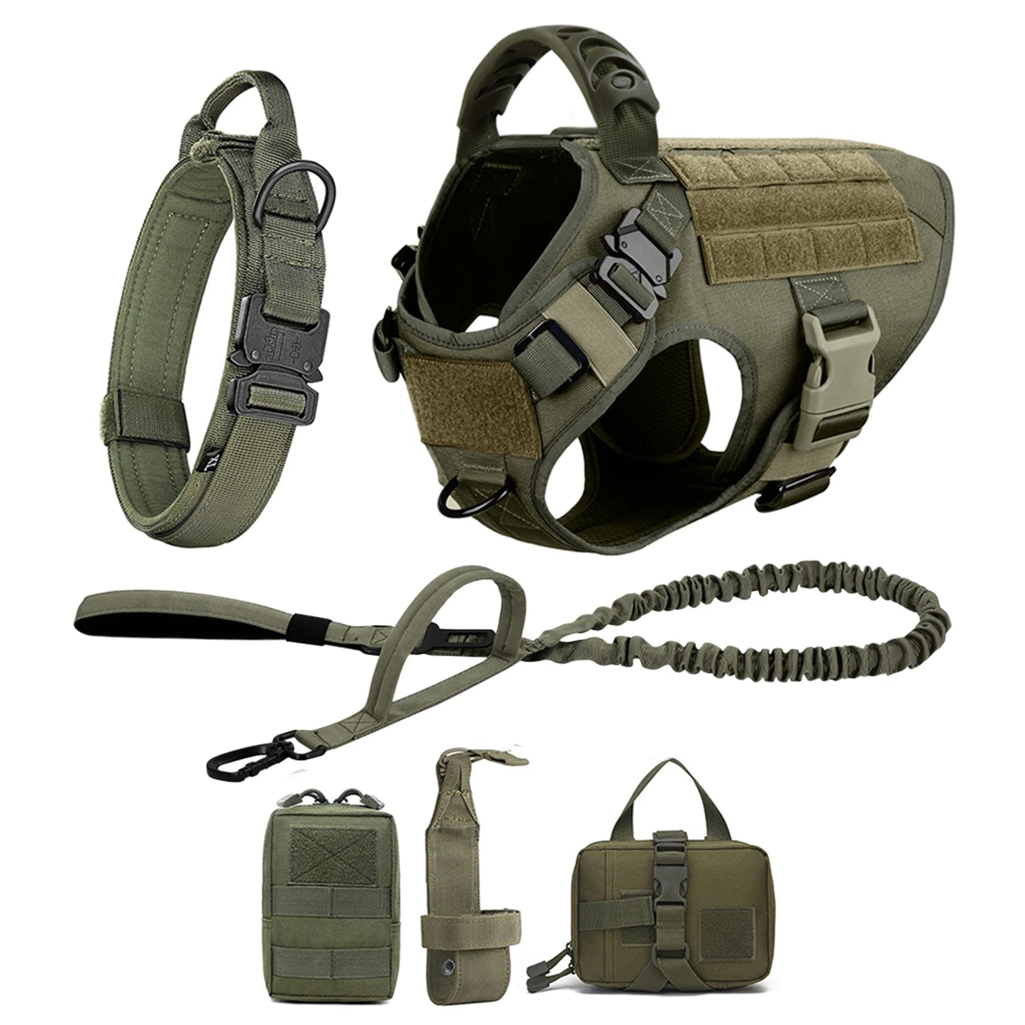 Large Dog Harness and Leash Set with Collar - M / Green 6 Pieces