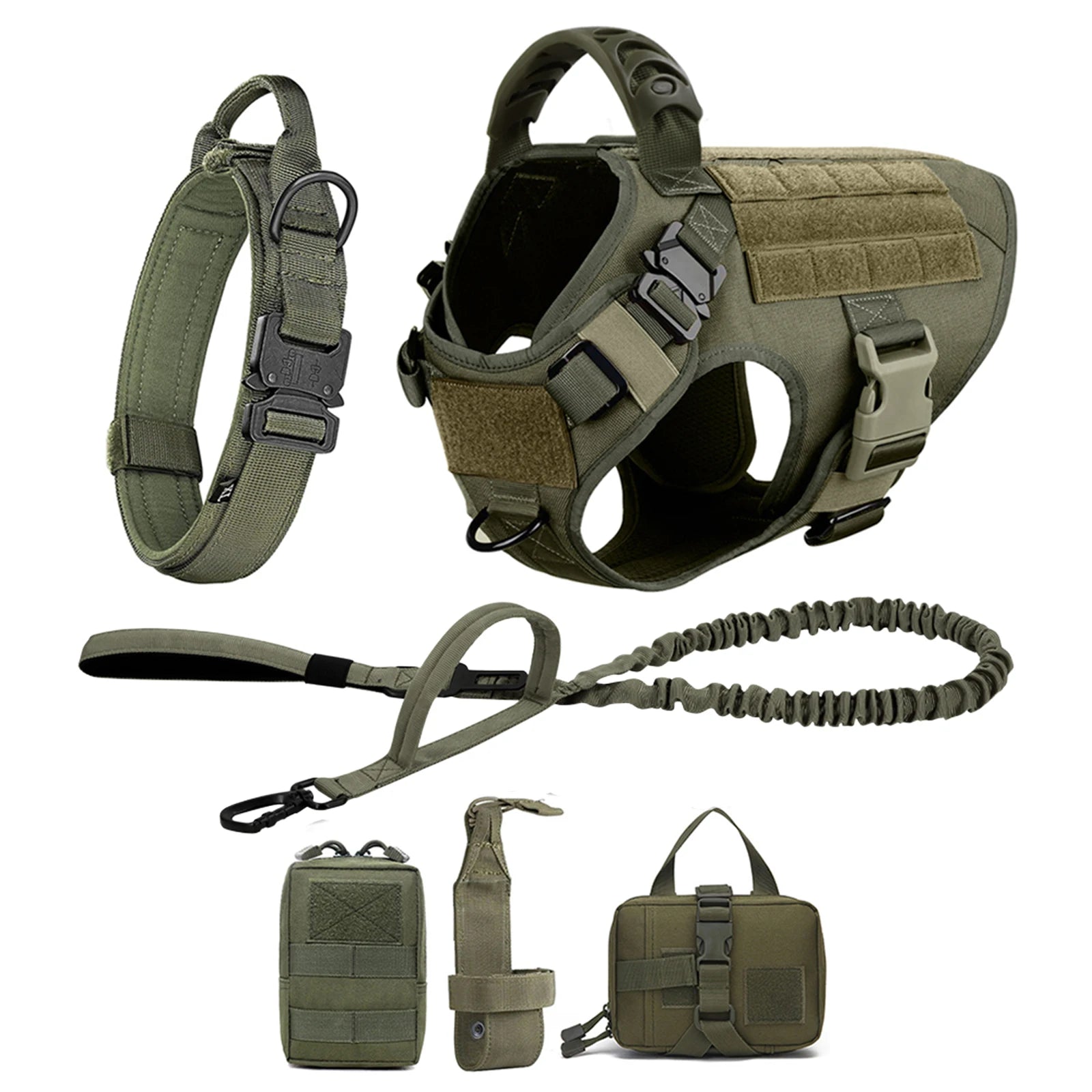 Large Dog Harness and Leash Set with Collar - M / Green 6 Pieces