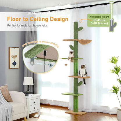 5-Tier Cactus Floor-to-Ceiling Cat Tree with Hammock - in use