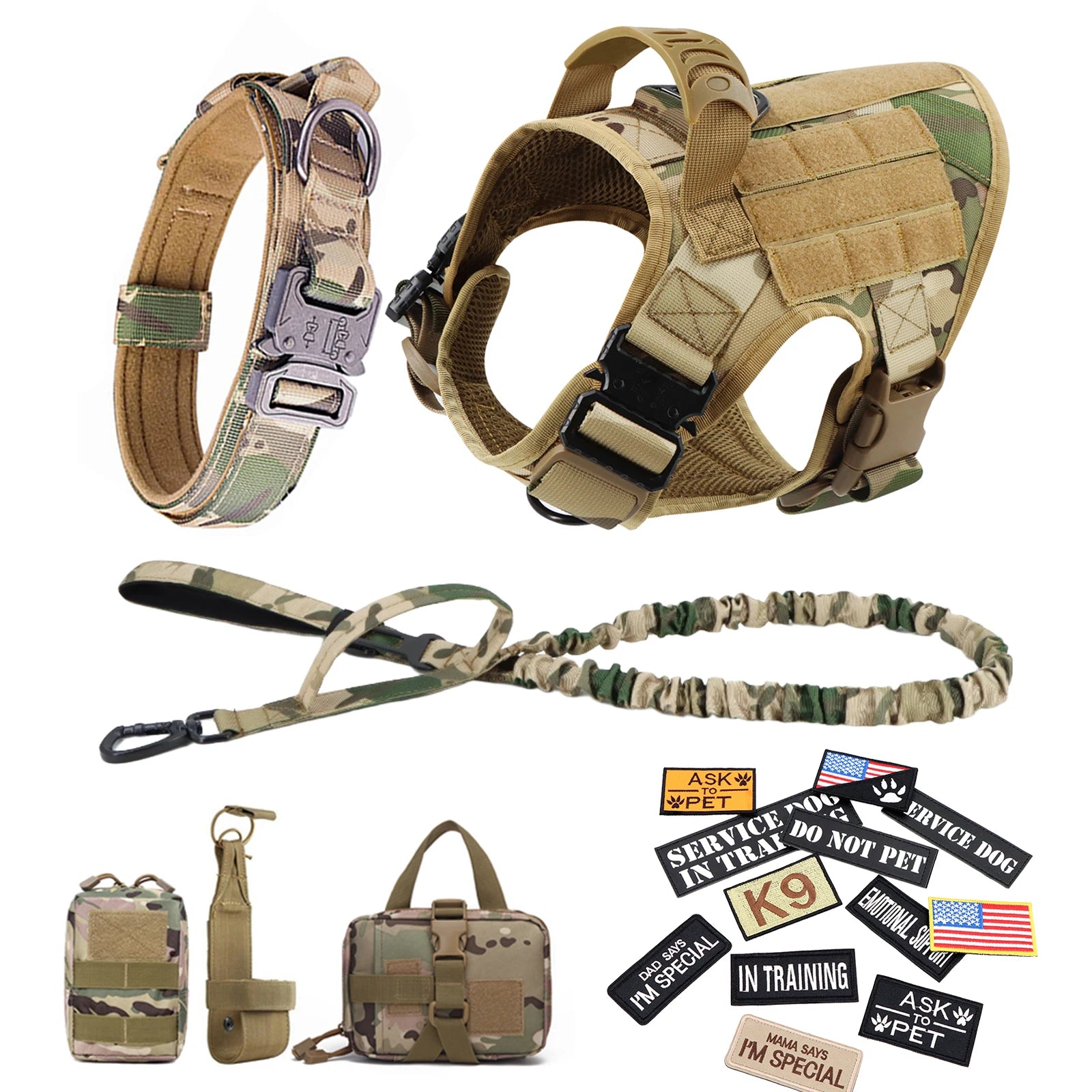 Tactical Military Dog Harness Set with Patches - M / Camouflage 18 Pieces