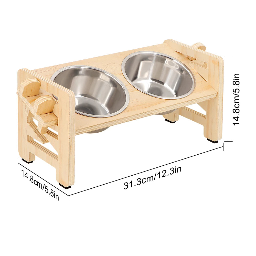 Adjustable Wooden Raised Pet Bowl Stand with Steel Bowls - WHITE