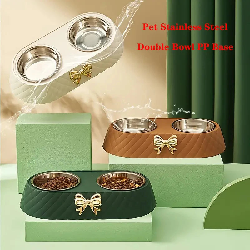 Bow Tie Style Pet Food Bowl Stand with Steel Bowls - side view