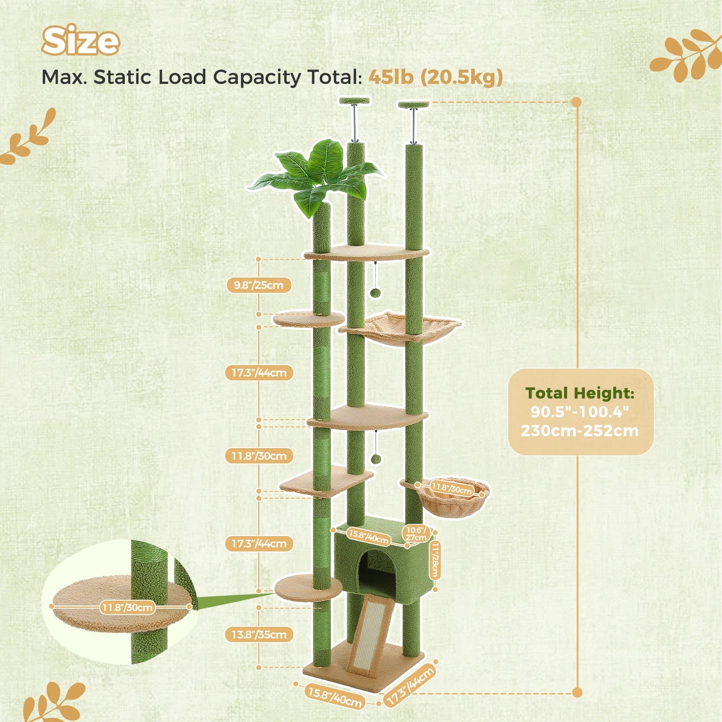 Height Adjustable Floor-to-Ceiling Cat Tree with Hammock - feature view