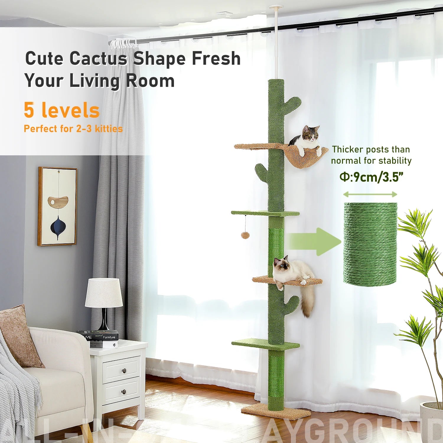 5-Tier Cactus Floor-to-Ceiling Cat Tree with Hammock - alternate angle