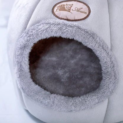 Cozy Winter Cat Cave Bed and Tent Nest - close-up