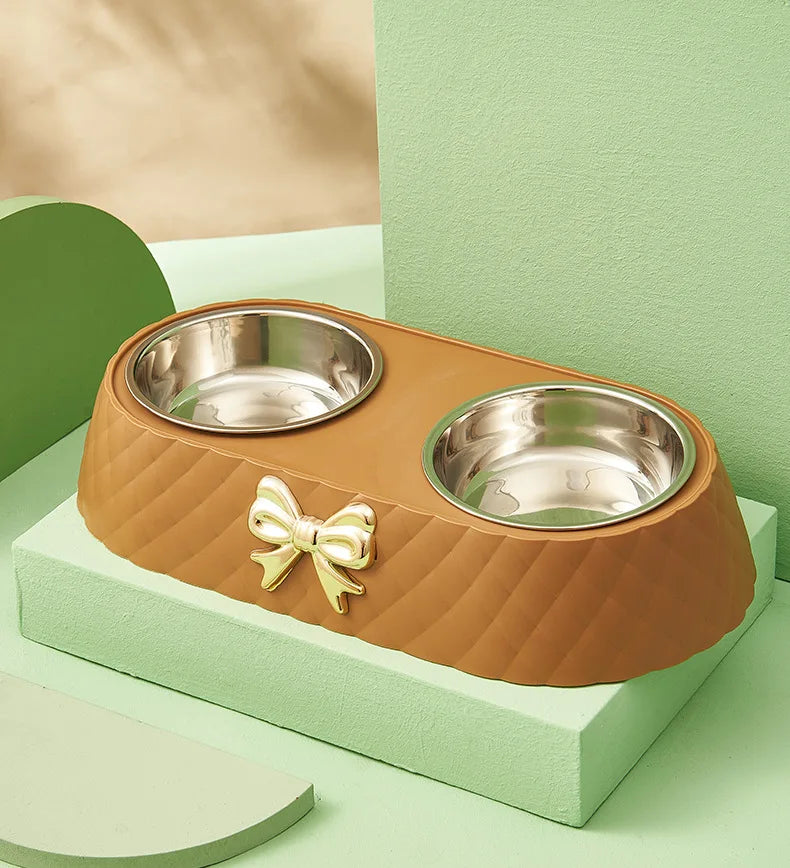 Bow Tie Style Pet Food Bowl Stand with Steel Bowls - alternate angle