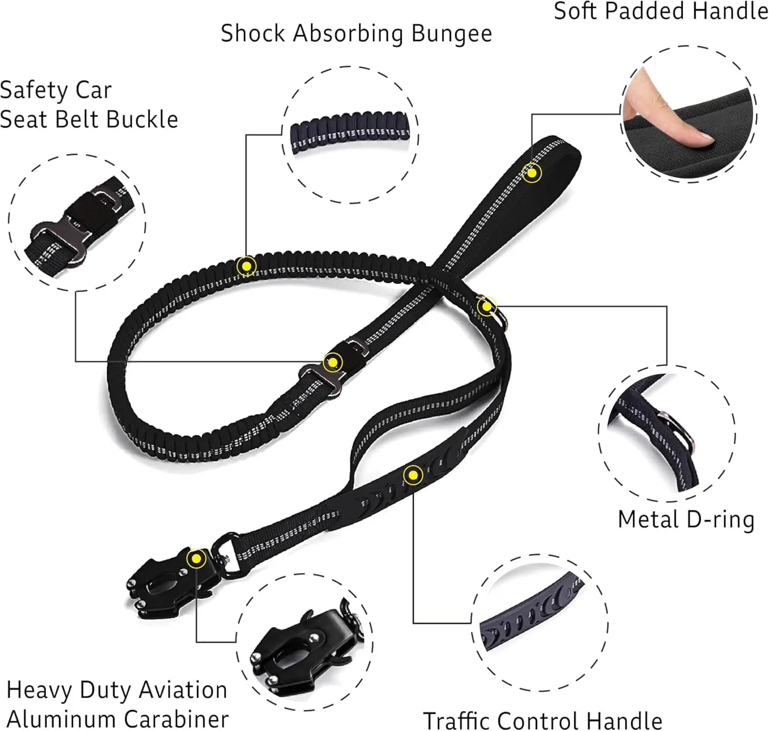 Shock-Absorbing Dog Leash with Car Seatbelt Attachment - side view