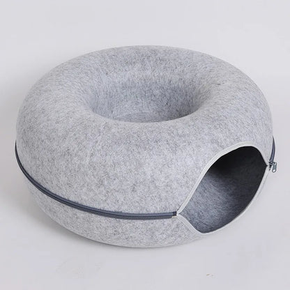 Donut Cat Bed with Built-in Felt Tunnel for Indoor Play - light grey / 50X20cm