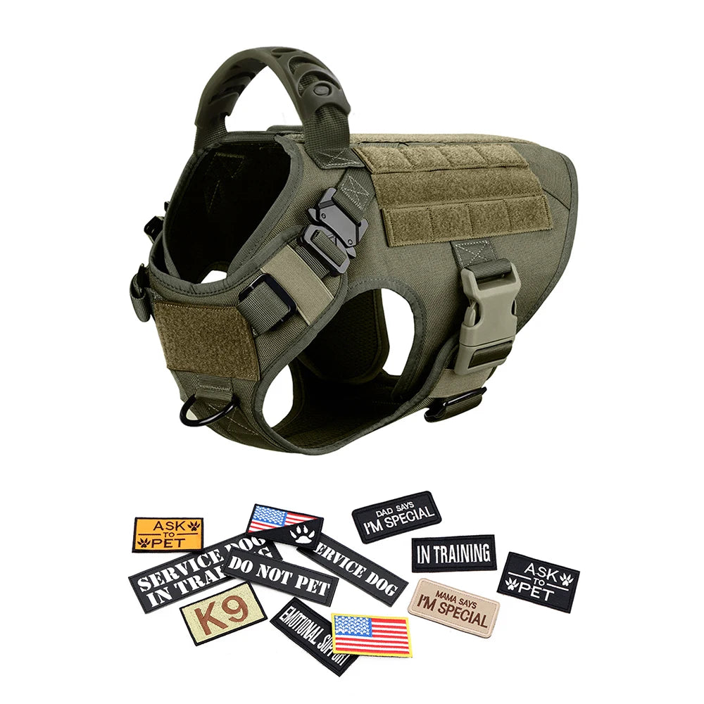Tactical Military Dog Harness Set with Patches - L / Green 13 Pieces