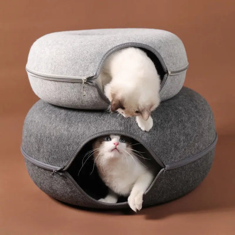 Donut Cat Bed with Built-in Felt Tunnel for Indoor Play - side view