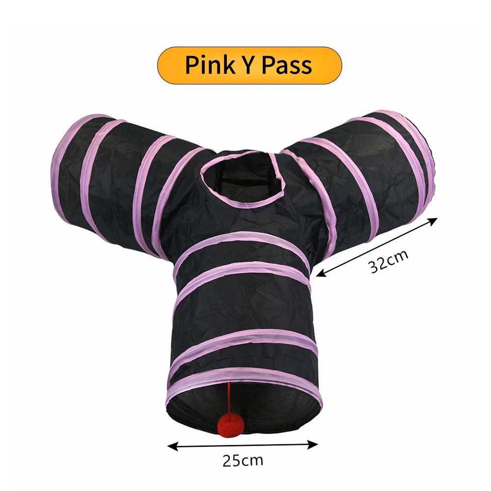 Foldable Cat Tunnel with Crinkle Paper for Indoor Play - Pink Black Y tunnels