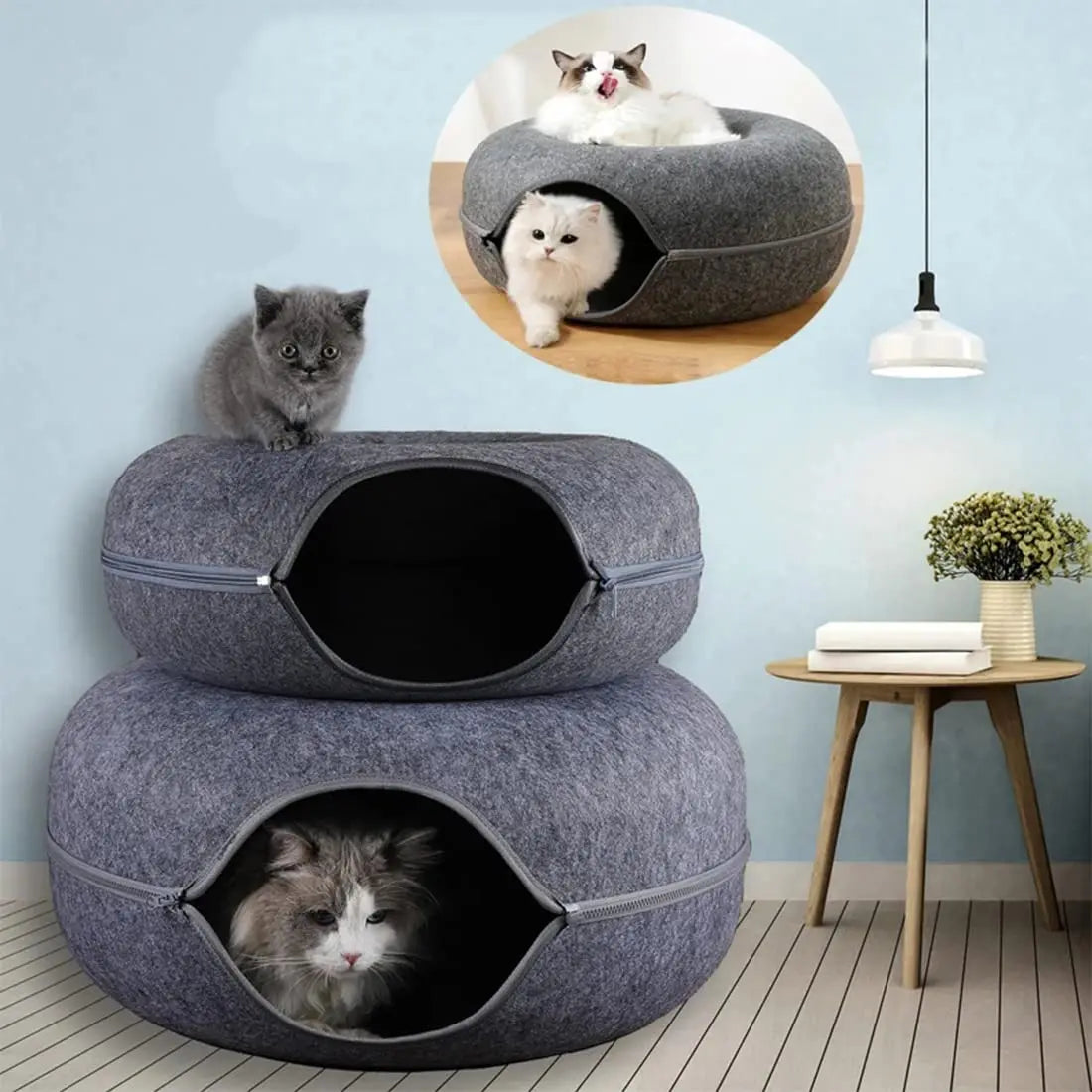 Donut Cat Bed with Built-in Felt Tunnel for Indoor Play - from above