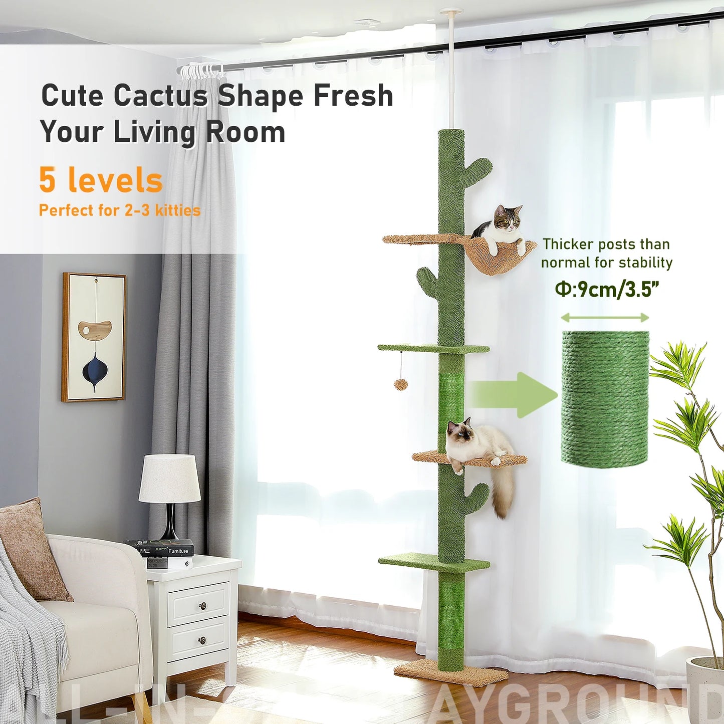 5-Tier Cactus Floor-to-Ceiling Cat Tree with Hammock - side view
