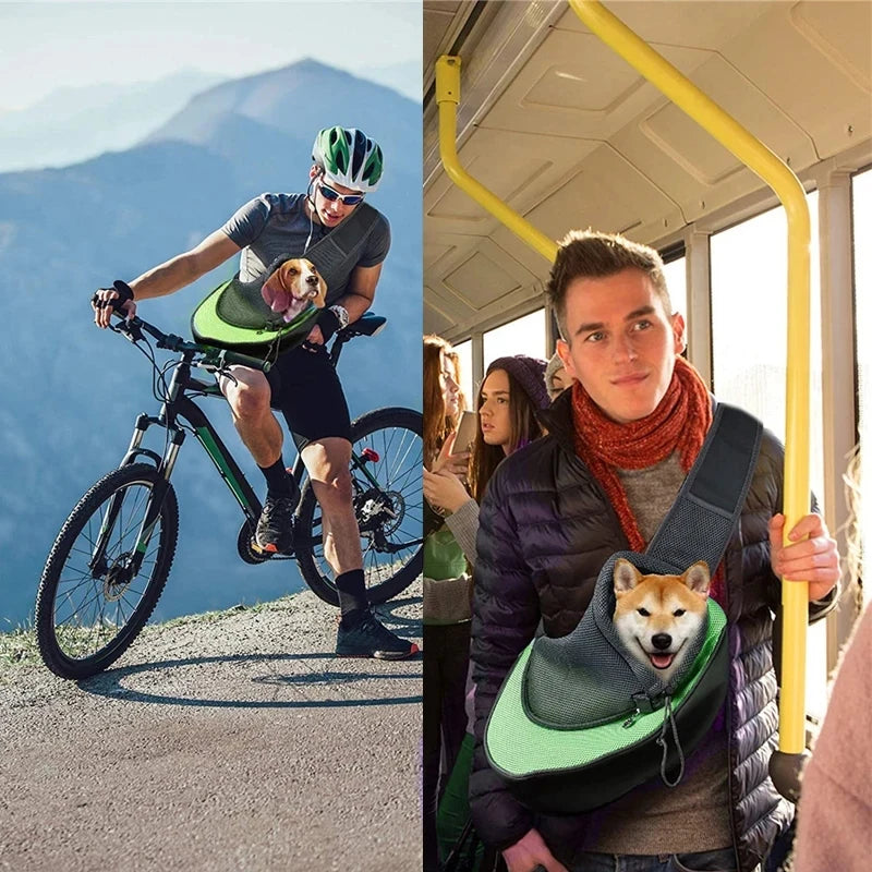 Man riding a bike with a dog in a backpack, then on a bus with a dog in a backpack.