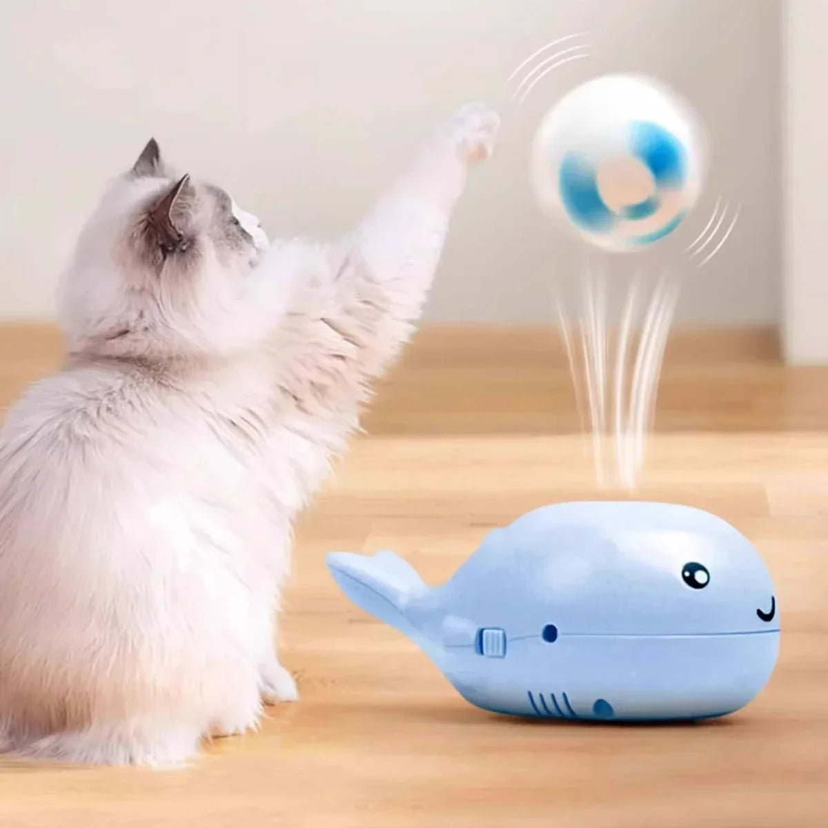 Interactive Whale Jet Ball Cat Toy with USB Fan - size reference