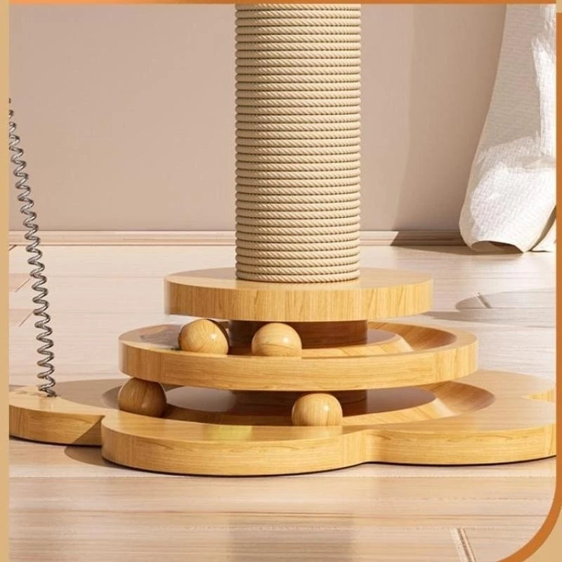 Wooden Cat Scratching Post with Turntable and Sisal Ball Toys - side view