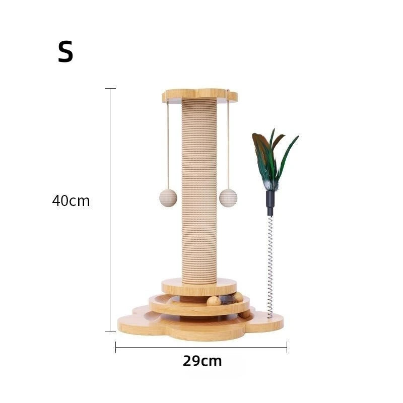 Wooden Cat Scratching Post with Turntable and Sisal Ball Toys - S