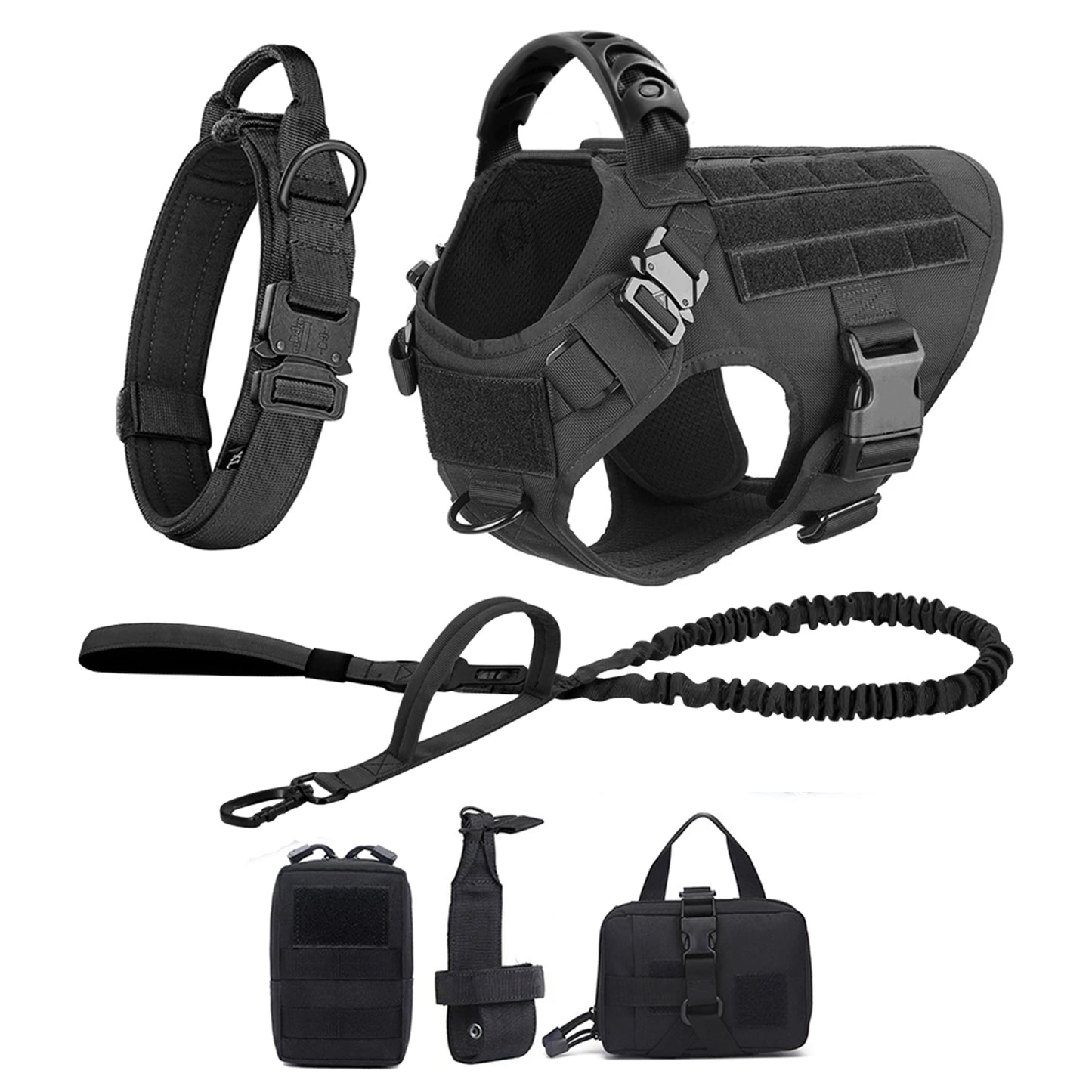 Large Dog Harness and Leash Set with Collar - M / Black 6 Pieces