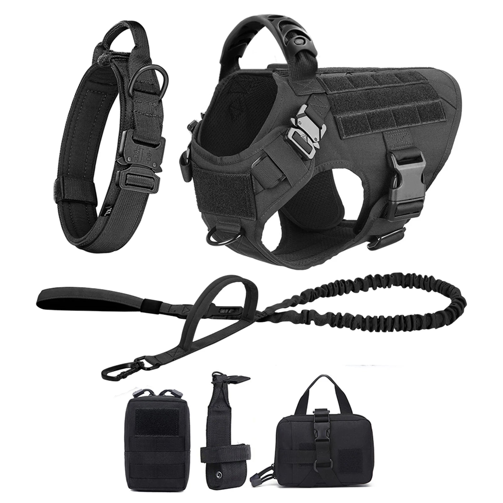 Large Dog Harness and Leash Set with Collar - M / Black 6 Pieces
