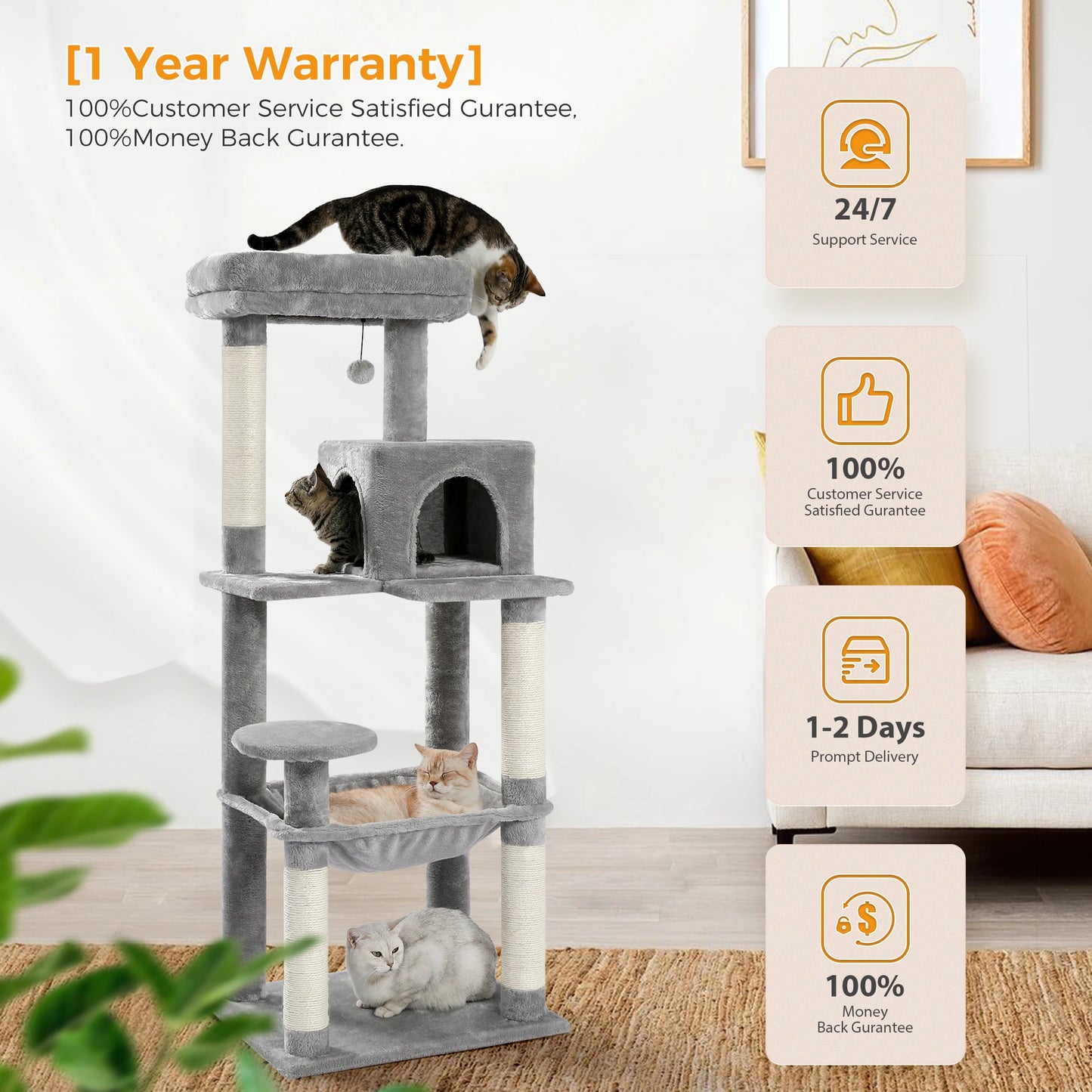 5-Level Cat Tree Tower for Large Cats with Hammock - alternate angle