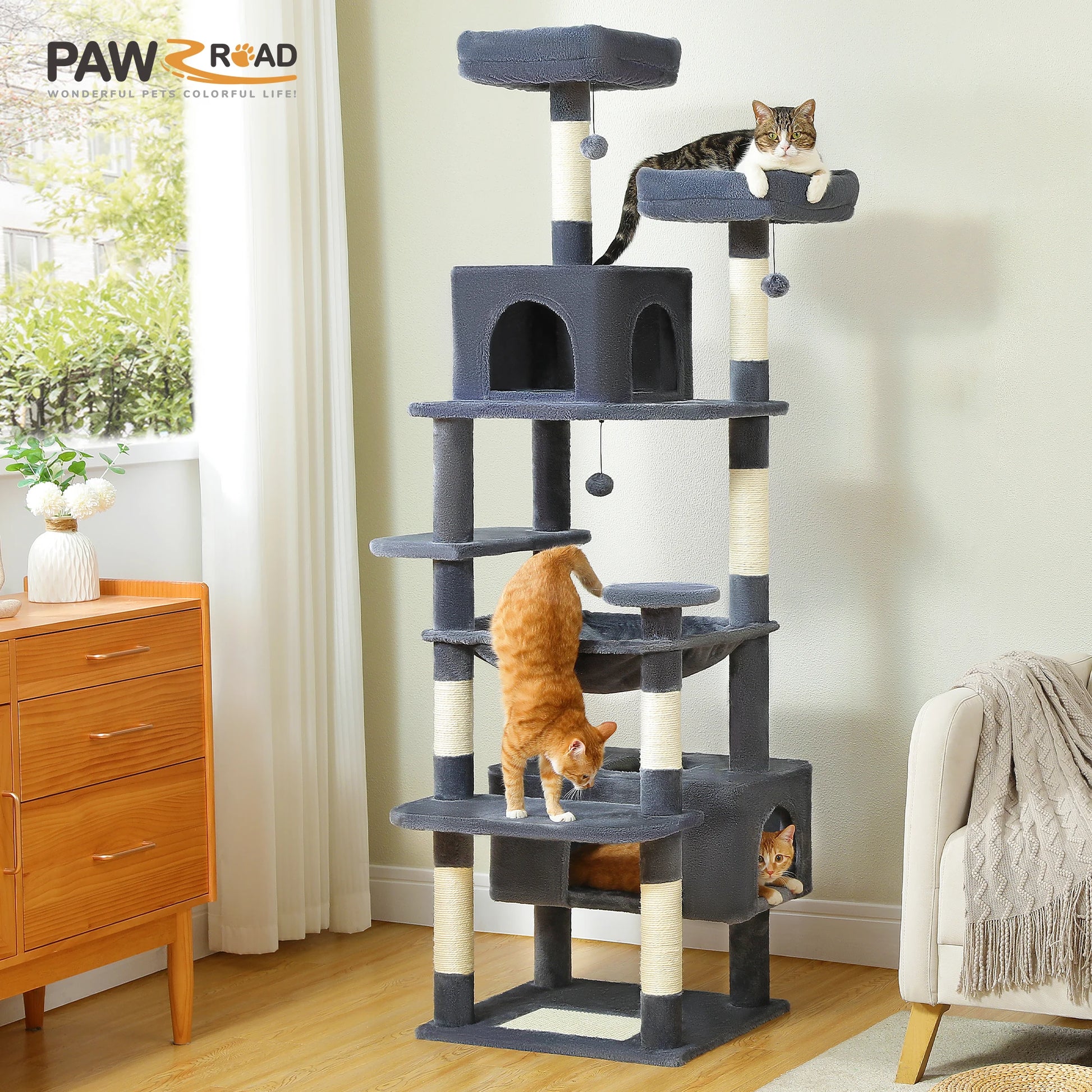 Large Cat Tree Tower with Hammock and Padded Perches - side view