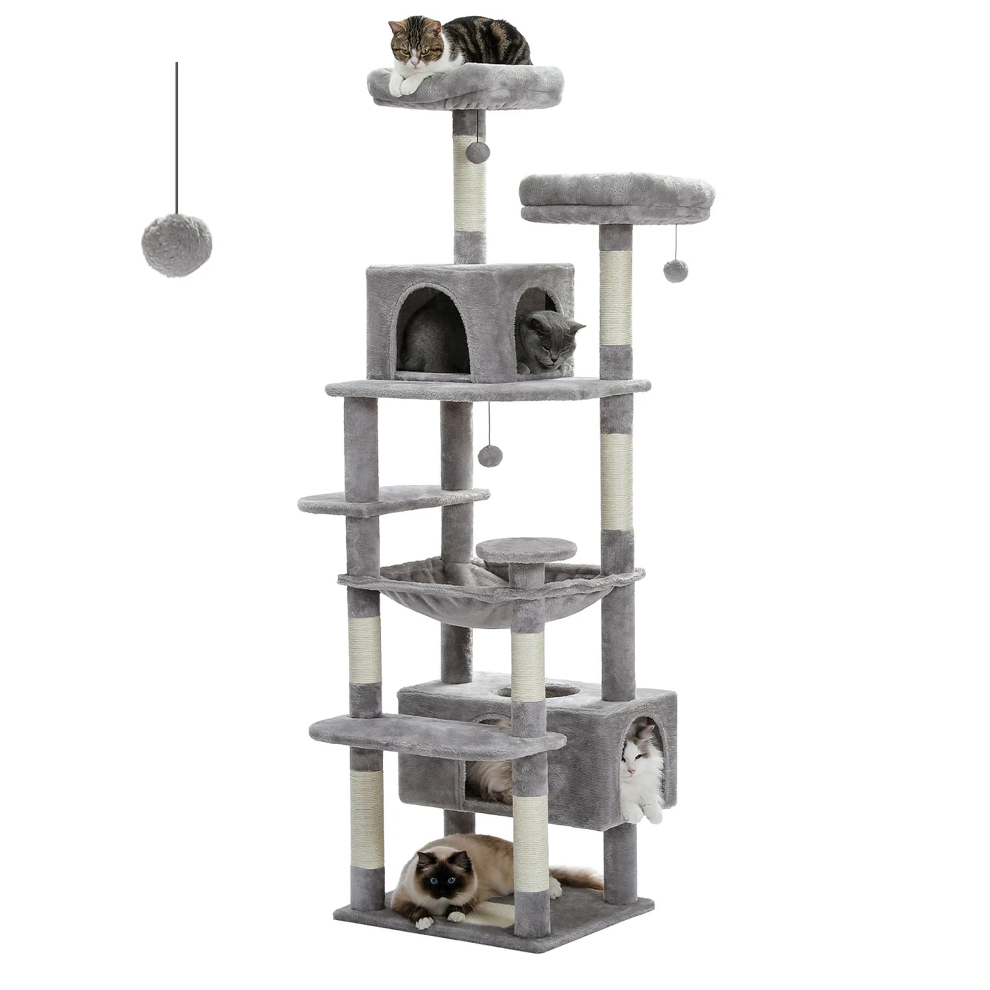 Large Cat Tree Tower with Hammock and Padded Perches - Grey / 184cm