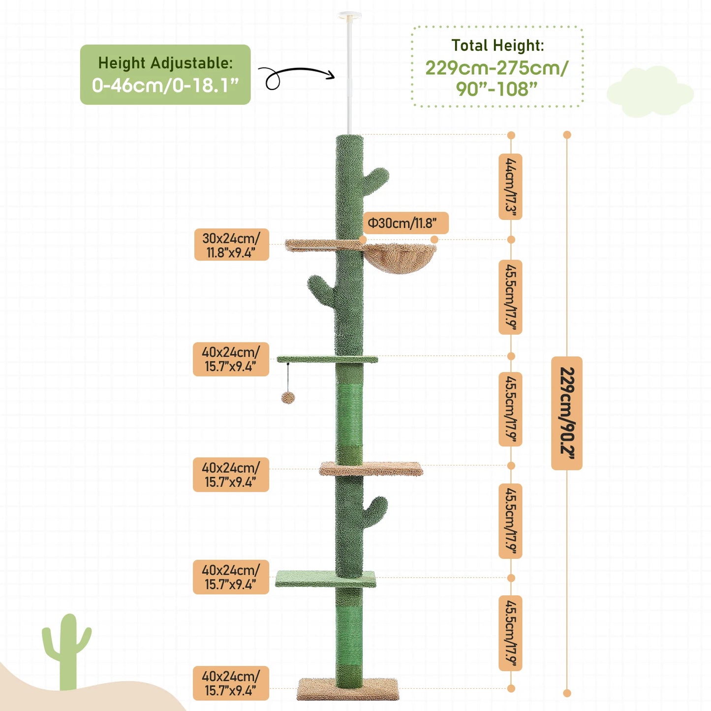 5-Tier Cactus Floor-to-Ceiling Cat Tree with Hammock - from above