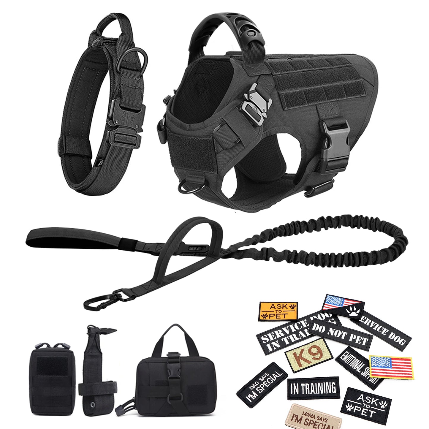 Tactical Military Dog Harness Set with Patches - XL / Black 18 Pieces
