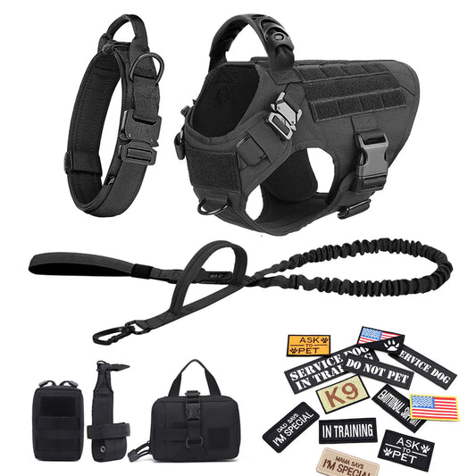 Tactical Military Dog Harness Set with Patches - XL / Black 18 Pieces