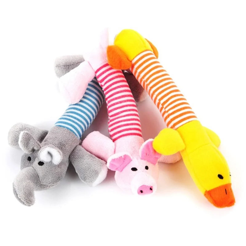 Plush Squeaky Animal Dog Toys (Elephant, Duck, Pig) - in use
