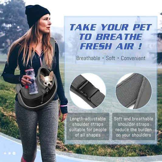 Woman carrying a small dog in a pet carrier with promotional text about the product's features.